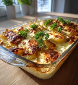 Fläskfilégratäng med potatis och senapssås