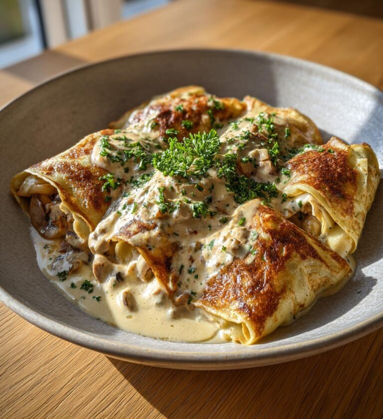 Kycklingfyllda crêpes med krämig ostsås