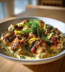 Kycklingköttbullar med citron, dill och gräddsås