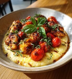 Kycklinglår med balsamico, tomat och krämig polenta