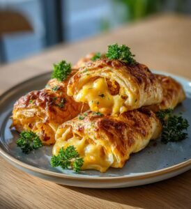 Brödrullar fyllda med korv, lök och cheddar