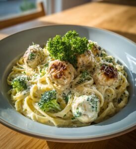 Krämig broccolipasta med kycklingköttbullar