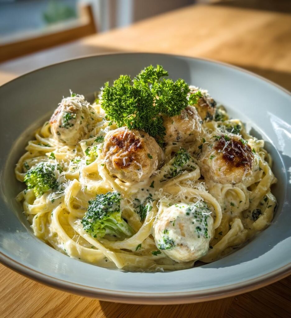 Krämig broccolipasta med kycklingköttbullar