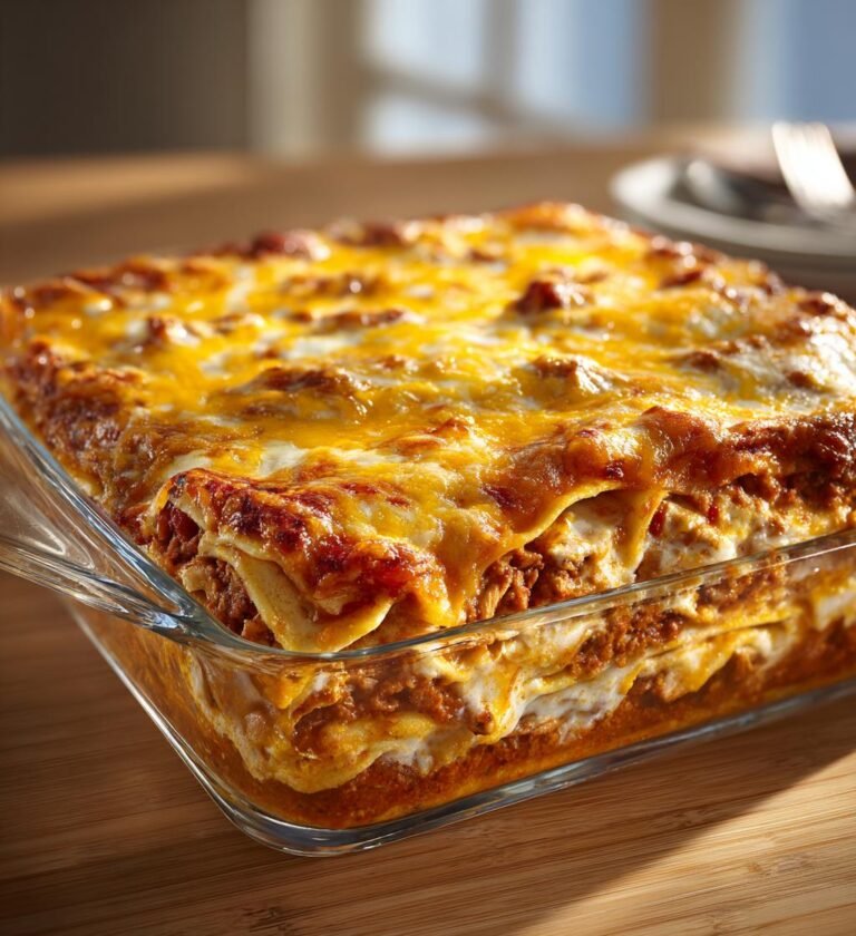 Tacolasagne med kyckling, salsa och cheddar