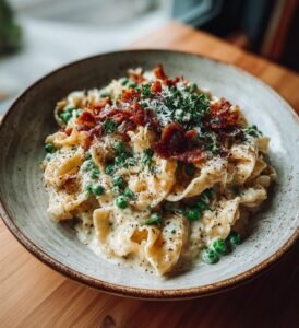 Krämig baconpasta med ärtor och parmesan