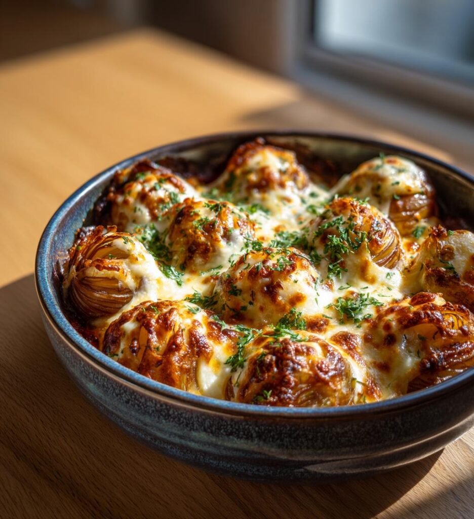 Köttfärsfyllda lökar med mozzarella och örter