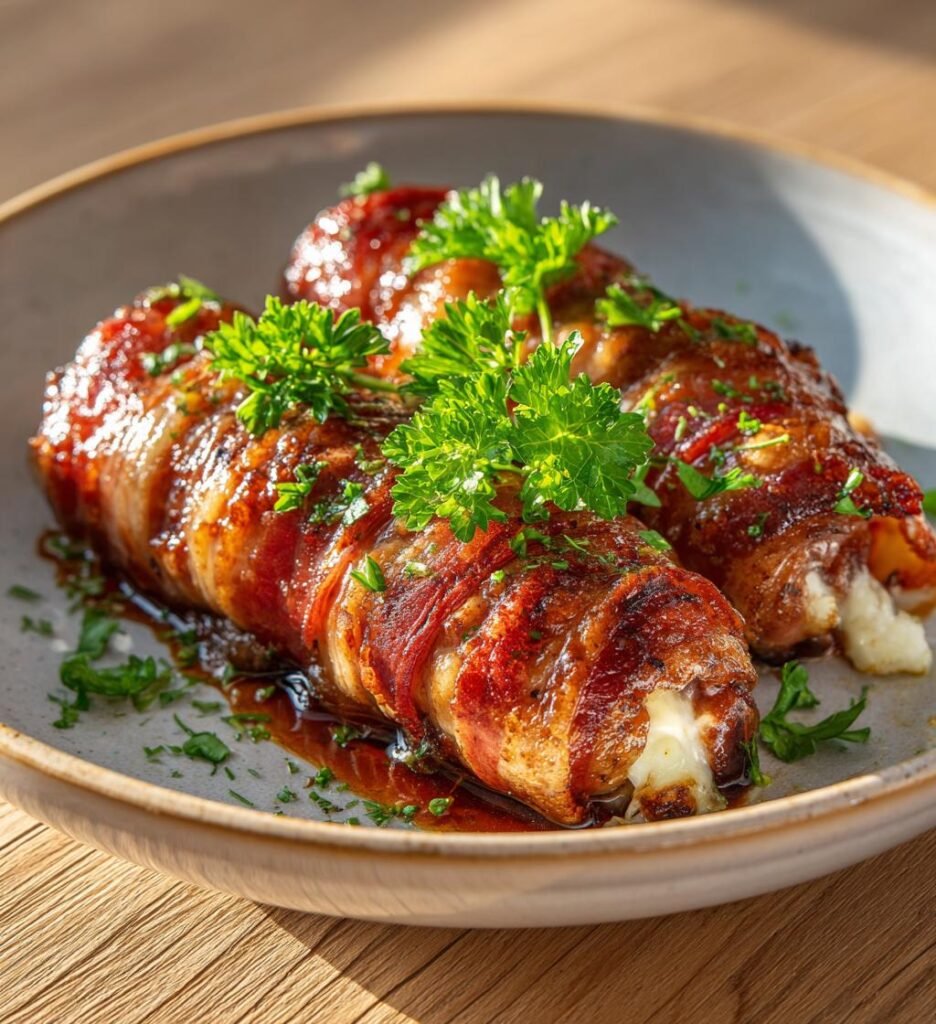 Baconlindade korvrullar fyllda med ost